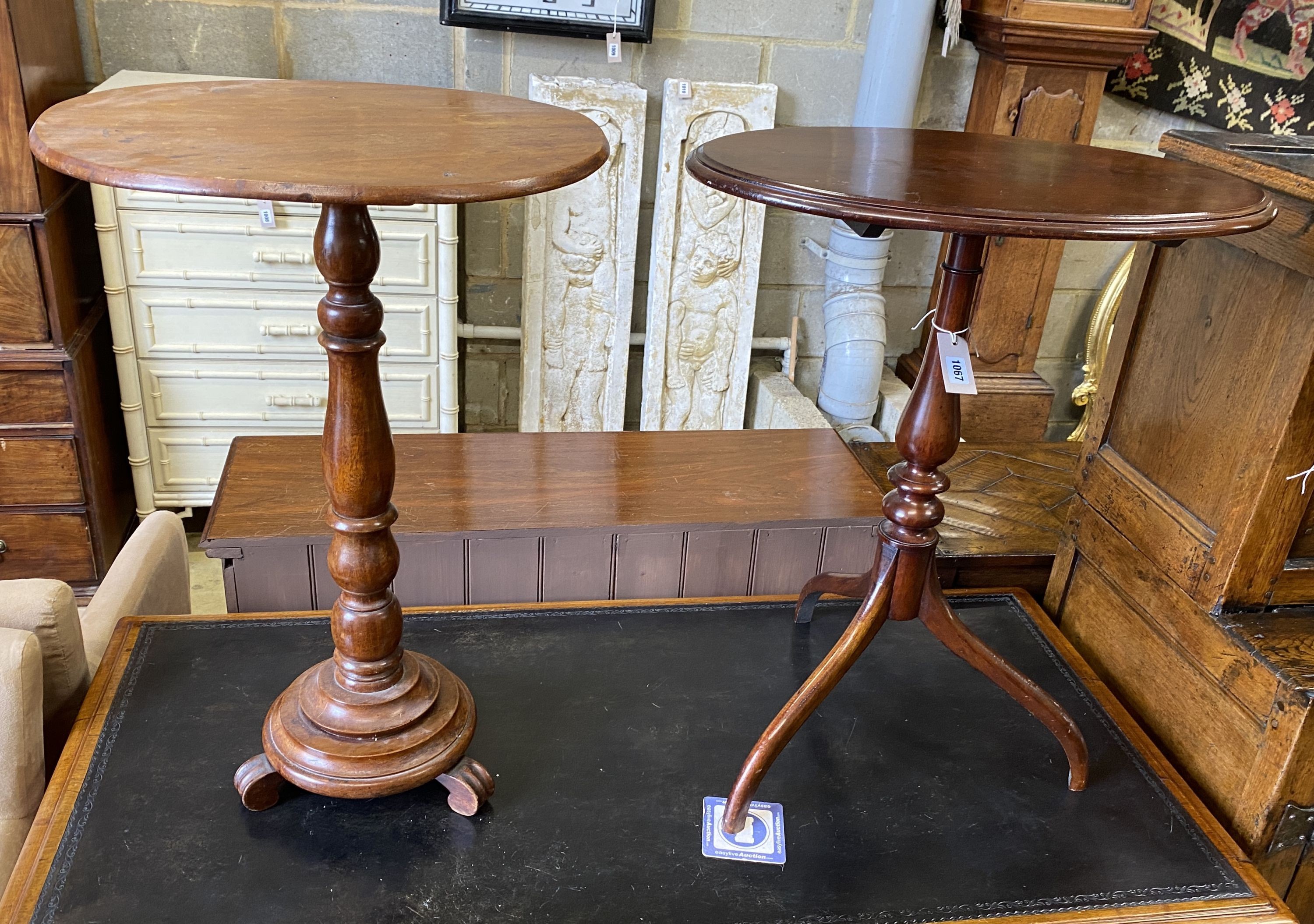 A Victorian circular mahogany wine table, diameter 50cm, height 76cm together with an oval tilt top tripod table